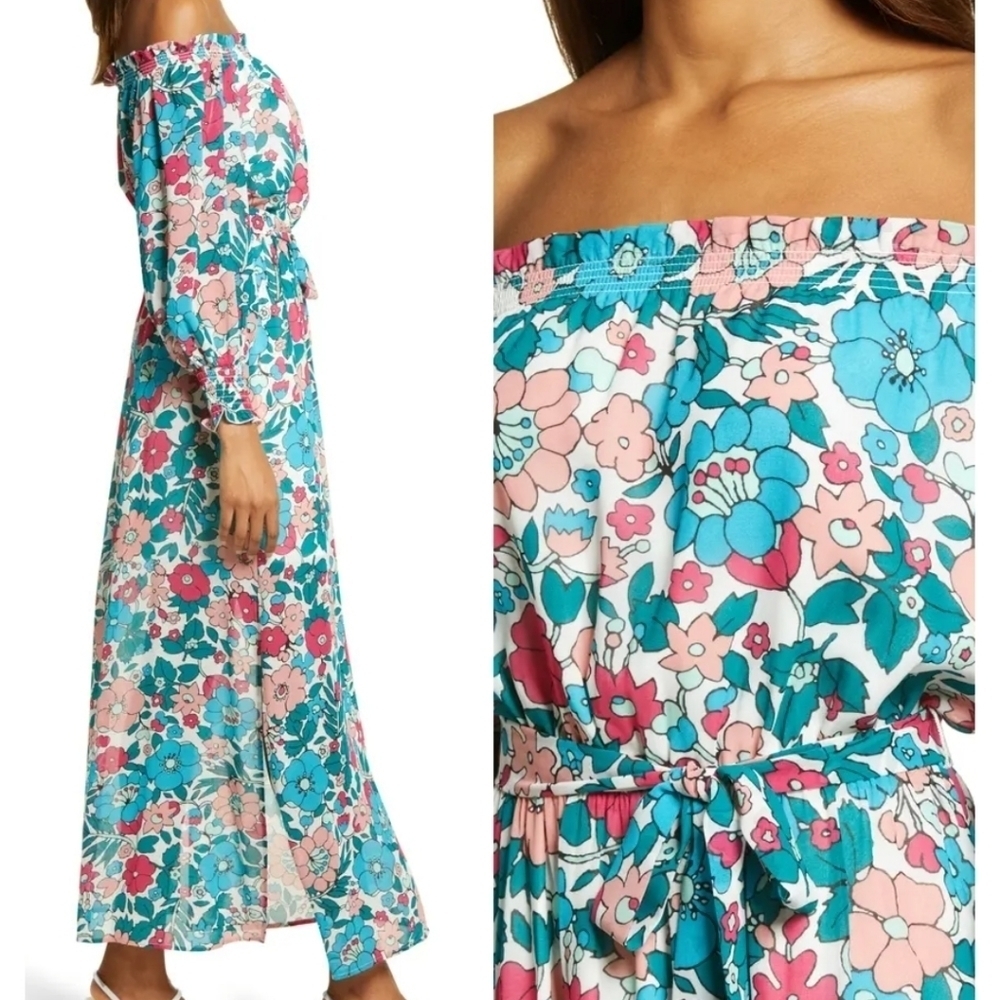 NWT CHARLES HENRY Floral Off the‎ Shoulder Long Sleeve Maxi Dress Small